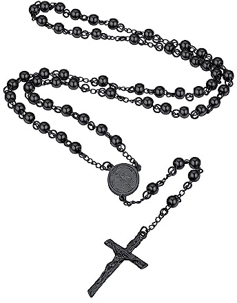 Supcare Rosary Beads Catholic Black, Archangel Saint Michael Pendant Crucifix Cross Necklace for Men, Stainless Steel Protection Chains