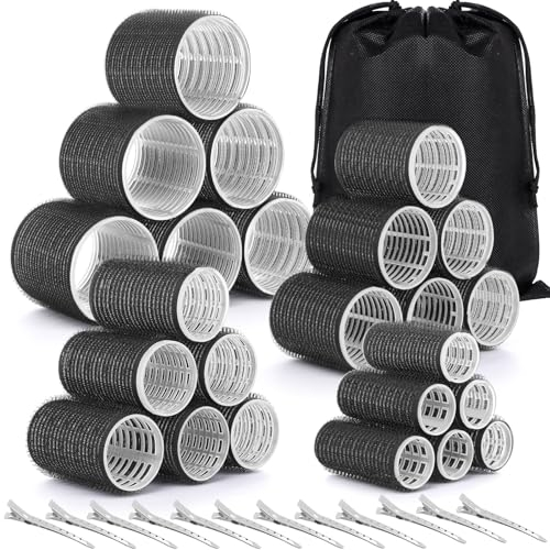 Qinzave 37 Stücke Lockenwickler Locken mit Aufbewahrungstasche, Schwarz Große Lockenwickler mit 4 Größen 60mm 48mm 36mm 25mm, Jumbo Hair Rollers mit Klammern, Lockenwickler für Lange Medoum Kurz Haare