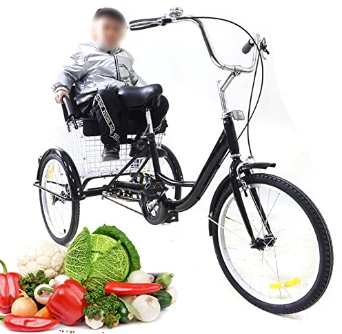 20 vuxen trehjuling, höjdjusterbar cykeltrehjuling, med korg och barnstol, stänkskydd med en hastighet, trehjuling, för vuxna och äldre (svart)