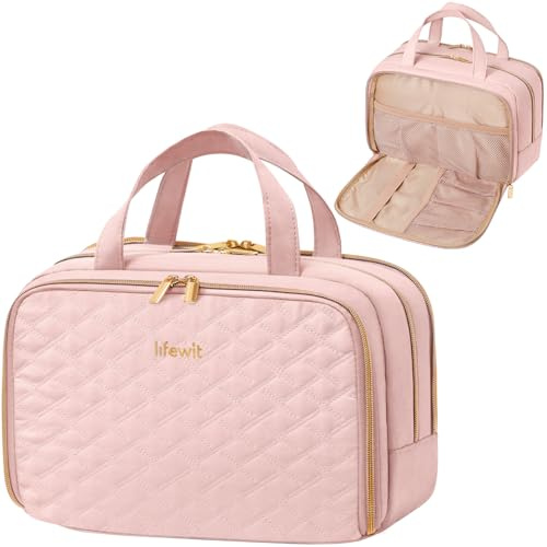 Lifewit Travel Toiletry Bag with Handle, Large Wide-Open Makeup Cosmetic Travel Bag for Toiletries with Multi-compartments, Vacation Essentials, Pink, 10L