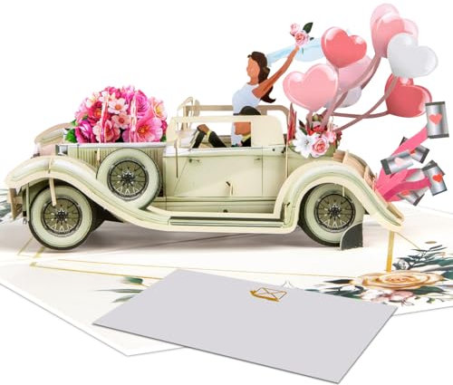 Magic Ants Just Married 3D Pop Up Hochzeitskarte – Just Married mit Oldtimer und Blumenmotiv– Romantische Karte für Braut und Bräutigam, Verlobung, Brautparty, frisch Vermählte, Hochzeitsglückwünsche