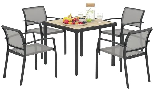 Outsunny 4 Seater Garden Dining Set, 5 Piece Garden Furniture Set with 4 Stackable Armchairs, Outdoor Table and Chairs with Easy Clean Top, Steel Frame, Texteline Seat, for Terrace, Balcony, Grey