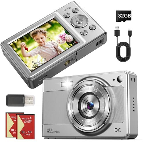Appareil Photo Numérique Compact, 56MP HD 1080P Compact Caméra pour Étudiant, Adulte, Débutant Cadeau, avec Carte 32GB, 2,8 Pouces, 2 Batteries