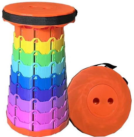 Portable Folding Stool, Height Adjustable Telescopic Stool, Lightweight, Portable and Durable, Suitable for Outdoor Camping, Fishing, BBQ and Hiking, Indoor Kitchen, Bearing 440 lbs (Orange Rainbow)