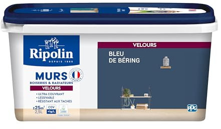 RIPOLIN - Peinture Intérieure Multi-Supports – Murs, Boiseries & Radiateurs – Ultra couvrante - Monocouche - Confort d'application - Aspect Velours - Bleu De Bering - 2,5L