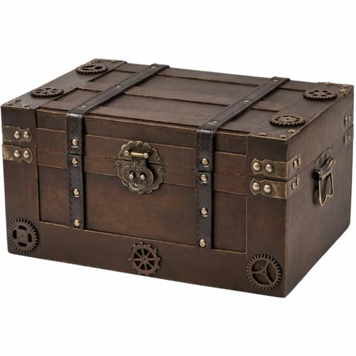 WDECORHOMT Vintage Pirate Style Treasure Chest For Kids,Large Treasure Box For Keepsakes, Decorative Antique Chest,Wooden Keepsake Box Size:13.8X9.5X6.9 (1, Large)