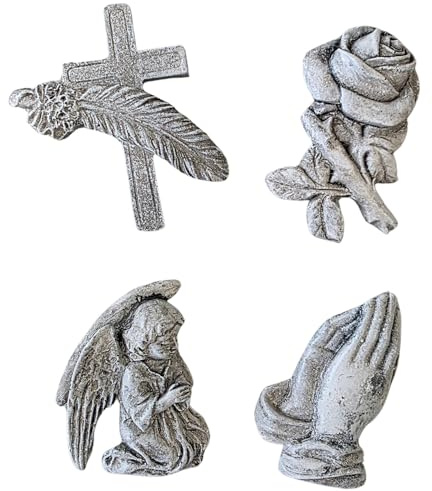 Logbuch-Verlag Set di 4 piccoli simboli decorativi in poliresina – croce, rosa, angelo, mani in preghiera, circa 5,5 cm