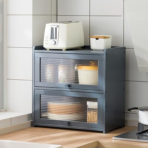 SQYHYTS Mini Mobile da Cucina in bambù Mobile Dispensa da Cucina A 2 Ripiani Dotato di Ante Ribaltabili Mobile da Pranzo Alto 50cm per Barattoli di Spezie, Tazze da caffè, Libri,Grigio,52×50cm