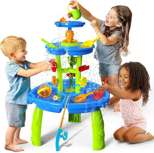 CozyBomB Wasserspieltisch Kinder Outdoor 3-Stöckig – Sand und Wassertisch mit Wasserrad, Sprinkler & Angelspiel | Wasserspielzeug Kinder Outdoor ab 3 4 5 Jahre, 23-TLG Komplettset