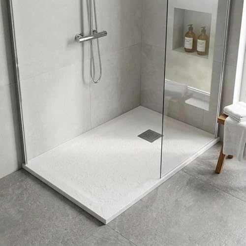Piatto Doccia MALAGA in Marmoresina Bianco 90x90x4 cm Quadrato con Griglia Inox e Piletta Inclusa – Effetto Pietra, Ultrasottile, Resistente e Facile da Pulire