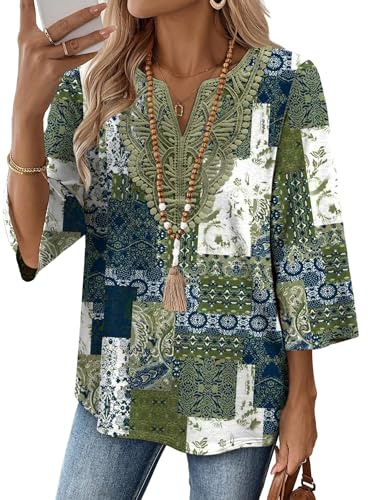 WIHOLL Ladies Tops Blouses for Women UK V Neck 3/4 Sleeve Lace Top Womens Summer Tops