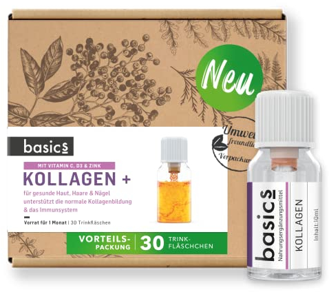 basics Kollagen + mit hochdosiertem Kollagen Hydrolysat, Vitamin C, D3, Biotin und Zink - für den Erhalt von schöner Haut, Haar und Nägeln - 30 Trinkflaschen - 10ml pro Tagesdosis (1er Pack)