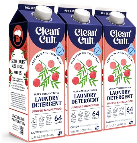 Cleancult Natural Liquid Laundry Detergent Refill, Juniper Sandalwood Scent, 96 Loads, HE Compatible, 32 oz, 3 Pack, Eco Friendly & Cruelty Free