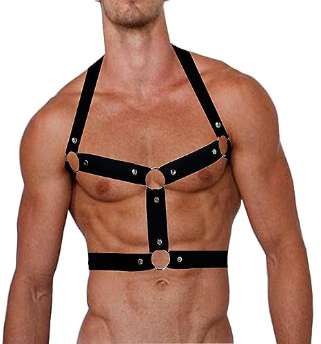 KKmeter Men's Strong Body Chest Nylon Harness Elastic Support Brace Club Wear Costumes (Black-A)