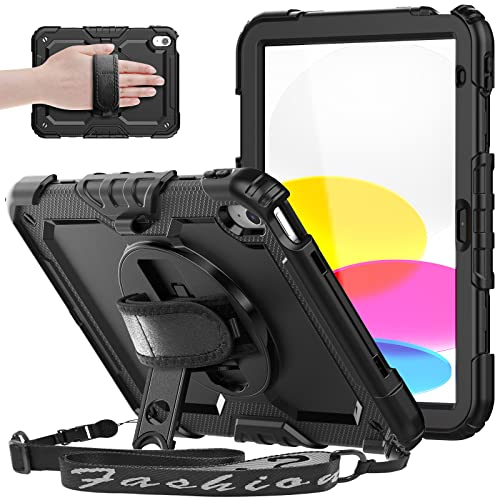 SEYMAC Case for iPad 11th/10th Generation 2025/2022 A16 11inch/10.9inch, Heavy Duty Shockproof with Screen Protector, 360° Rotating Stand/Hand Strap/Pencil Holder for iPad 11 Cover, Black