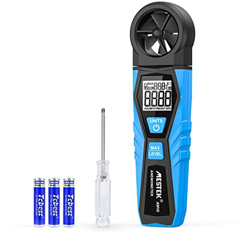 Anemometro Digitale MESTEK Portatile per Velocità Vento con MAX, Temperatura del Vento LCD Backlight Wind Meter Alta Precisione per Drone Arrampicata windsurf Riprese HVAC CFM