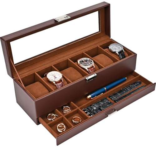 ProCase Watch Box for Men, 6 Slot Watch Display Case with Drawer, Mens Watch Case With Glass Lid, 2-Layer Jewelry and Watch Storage Watch Holder Organizer for Men Women -6 Slot, Espresso