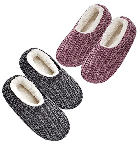 cosyone1997 2-Pair Slippers for Women Indoor Soft Sole with Warm Fuzzy Lining and Non-Slip Grips, House Slipper Socks, Size 5-6