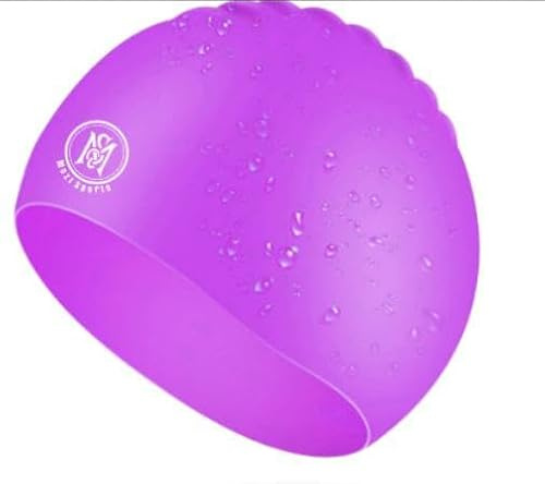 Swimming Caps For Kids- 100% Silicone Waterproof Durable and Odour Free Swim Hat - Stretchable, Anti slip Swim Cap - Swimming Hat for up To 5-12 Years With Protective Pouch (Purple)