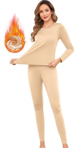 Jiuday Thermounterwäsche Damen Winter Funktionswäsche Set Warm Thermo Unterwäsche Atmungsaktiv Flexibel Skiunterwäsche für Hause Wintersport (Beige,XS)