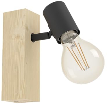 EGLO Lampada da parete Townshend 3, plafoniera vintage a uno punto luce, lampada da parete dal design industriale, lampada retrò in acciaio e legno, nero, marrone, E27, certificazione FSC