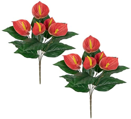Oairse 2er-Set Künstliche Anthurienpflanze Deko Kunstblumen Blumensträuße Flamingopflanze Flamingo Pflanze für Zimmerpflanze Lilie Herzblatt, Blumenarrangement Heim Küche Dekor, Rot
