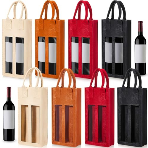 Vincreem 8 Pcs Double Wine Bag with Window Felt Wine Carrier Tote with Handle Reusable Bottle Gift Bag for Travel Camping Wedding Birthday Christmas Thanksgiving Party
