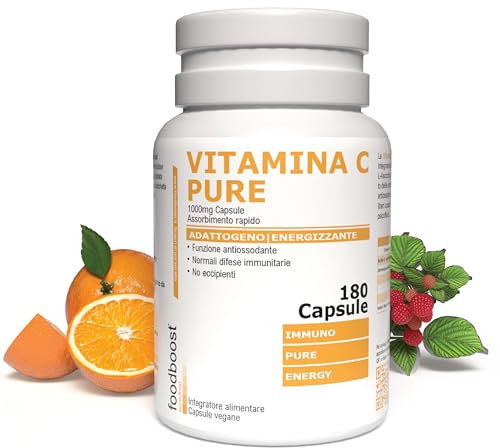 foodboost Vitamina C 1000 mg ad Alto Dosaggio - 180 Capsule Vegane (6 Mesi) - Acido Ascorbico - integratore difese immunitarie - Pura - No Additivi, No eccipienti, Massimo Assorbimento