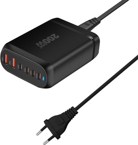 Blumacht 200 W Caricatore USB C Multiplo, GAN III 6 Porte Stazione di Ricarica PD 100 W Caricatore Rapido USB C per Macbook Portatile Adattatore Caricatore Compatibile con iPhone, iPad, Samsung Galaxy