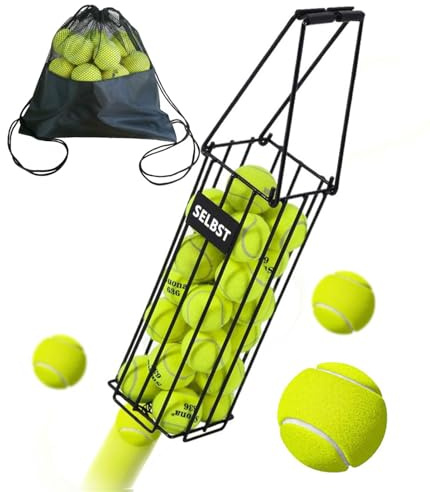 Selbst Tennis Ball Hopper, Tennis Balls Basket, Portable Pickleball Collector with Mesh Carry Bag - Large Capacity Carrier Picker Upper Caddy