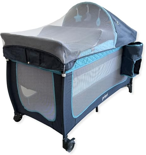 Priori Baby Zus Cuna de Viaje Plegable 4 en 1 para Bebé - con Cambiador, Mosquitera, Juguetes, Ruedas con Freno, Bolsa Transporte, 0-3 Años hasta 15 kg (Azul)