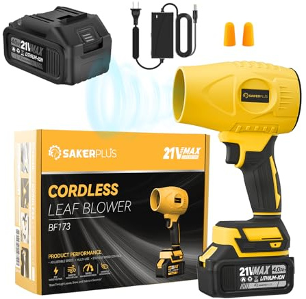 SakerPlus Portable Dust Cleaner, Cordless Leaf Blower with 2 Batteries, 21V 4.0Ah Electric Handheld Blower, 3-Speed Adjustable,Mini Lightweight Leaf Blower for Yard, Patio, Garage, Car (Yellow)