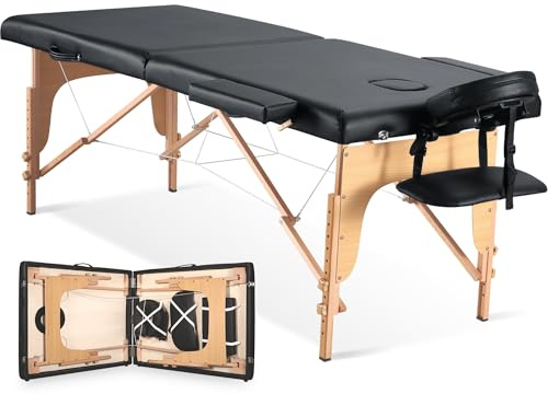 Lettino massaggiante pieghevole con piedini in legno, regolabile in altezza a 2 zone, con poggiatesta e braccioli, portata fino a 250 kg, colore: nero