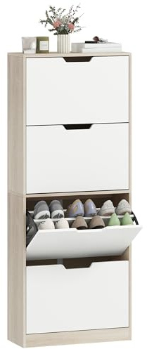 HOMCOM Scarpiera Salvaspazio Slim con 4 Ante a Ribalta, Scarpiera Ingresso con Ripiani Regolabili, Porta Scarpe per 16 Paia con Maniglia a Incavo, 62.5x26x156 cm, Color Legno e Bianco