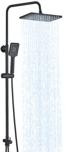 Noir Colonne de Douche sans Mitigeur Ensemble de Douche avec Douchette Réglables Robinet Douche avec Tête de Douche Carrée 29 * 19cm Acier Inoxydable