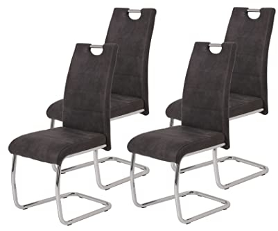Hela Tische 4er Set Schwingstuhl, Küchenstuhl Flora II, Microfaser Vintage anthrazit, Rundrohrgestell verchromt, Lehne mit Griff