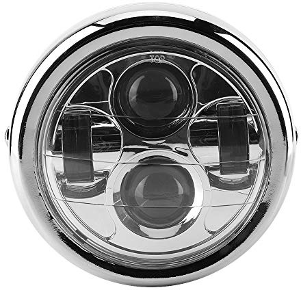 Universal Motorcycle LED Headlight, Vintage Retro Round Headlamp, 12V, 7.5 Inch, Chrome, Aluminum, Black