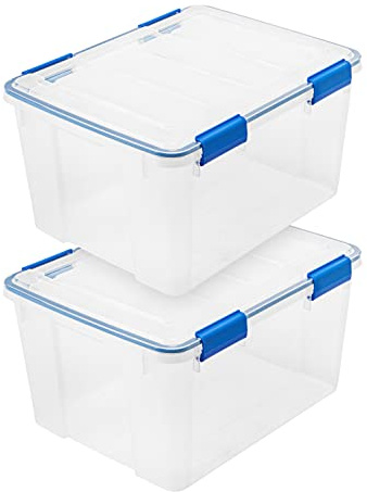 IRIS USA WeatherPro 44 Qt Storage Bins with Lids, 2 Pack, BPA-Free Plastic Gasket Box with Tight Latch and Seal, Stackable Nestable Tote Tub - Clear/Blue