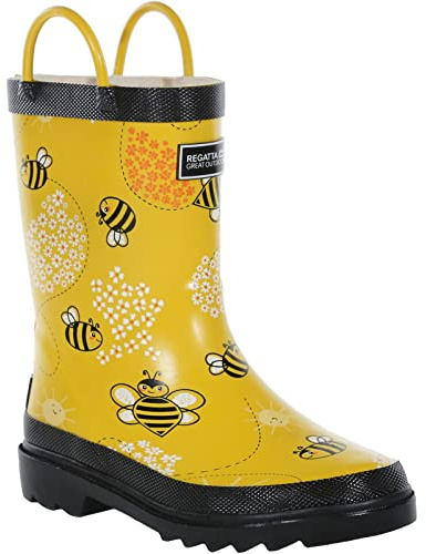 Regatta Stivali da pioggia unisex per bambini in gomma foderati in cotone Eva Footbed Print Wellingtons, Granturco giallo, 31 EU