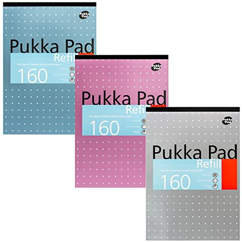 Pukka Pad, A4 Refill Notepad – 160 Pages of Premium Quality Writing Paper-80GSM, with Feint Ruled 8mm Lines and Margin–Tape Head Bound with 4-Holepunch –29.7 x 21cm –Pack of 3 Assorted