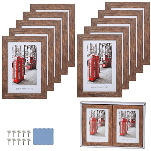 4x6 Picture Frames Set of 10, Wooden Picture Frame Set with Display Box, Rustic Style Antique Brown Wood Grain Photo Frame Suitable For Desktop Display and Wall Decoration.