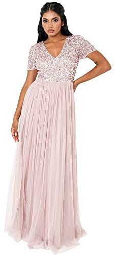 Maya Deluxe Abendkleid mit Pailletten Cocktailkleid Damen mit V-Ausschnitt Tüllkleid Rosa Größe 40