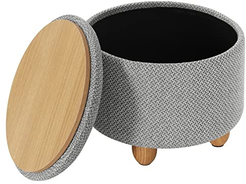 WOLTU Taburete Redondo de Almacenamiento, Puff Baúl Almacenaje con Tapa Bandeja Extraíble, Reposapiés Sofá Multiusos, Asiento de Lino Grueso, Ø 39x33 cm, Gris Claro
