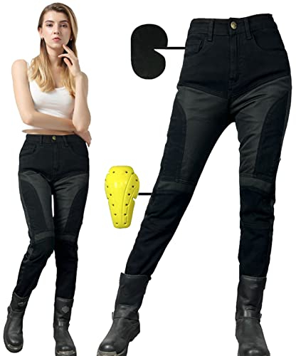 SHUOJIA Motorradhose weiblich Jeans Textil Motorrad Hose Mit Protektoren Sommer, Sportliche Motorrad Hose Mit Oberschenkeltaschen Armee,mit 4 Paar Protect-Pads (Normal-Armor,L)