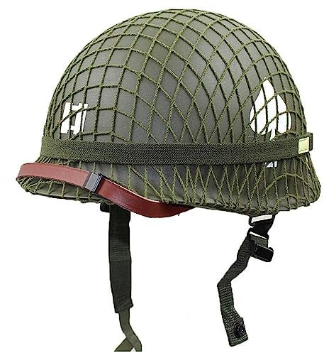 Army Tactical Helm, Taktischer Stahlhelm, WW2 Gear, WWII US Army M1 Grüner Helm Replik Verstellbar Nachbildung mit Netz/Canvas-Kinnriemen/Katzenaugenband