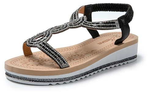 JOMIX Sandali Donna Estivi Ciabatte Ragazze Eleganti con Zeppa Gioiello e Chiusura Elastica Regolabile SD8105 (Nero,38)