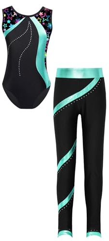 Agoky Ärmlös gymnastikdräkt för flickor, metallisk randig body med långa byxor, leggings, sport, tvådelad balett, dans, träningskläder