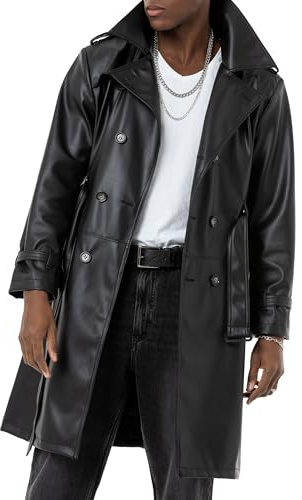 Manteau en cuir synthétique de qualité supérieure style urbain trench veste en cuir, Noir , L