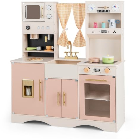 GYMAX Kids Play Kitchen, Wooden Toy Kitchen with Stoves, Microwave, Ice Maker, Oven, Coffee Maker, Clocks & 17 PCS Accessories, Children Kitchen Playset for 3+ Years Old Boys Girls (Pink)