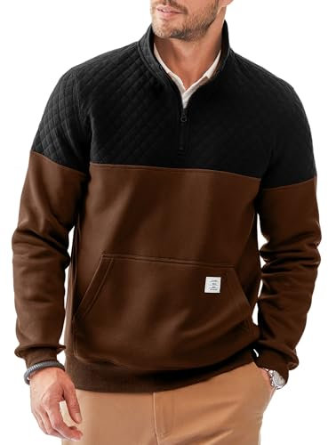 Elegancity Sweatshirt Herren Langarm Stehkragen Half Zip Neck Pullover Farbblockade Regular Fit Casual Herbst Winter Warm Mit Tasche Braun XL